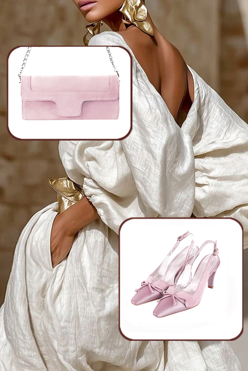 Dress slingback bow heels in dusty rose pink and light pink leather with high slim heels and tapered toe - Worn view